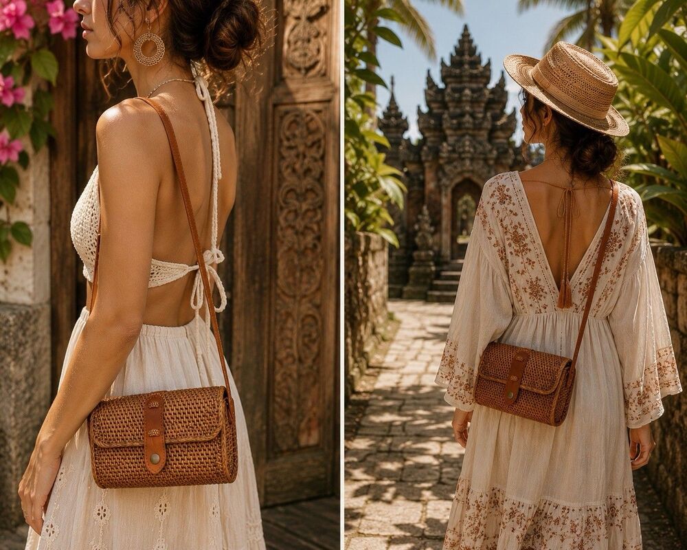 Handwoven Rattan Wicker Crossbody Purse Leather Strap Batik Lined Boho Bag Bali